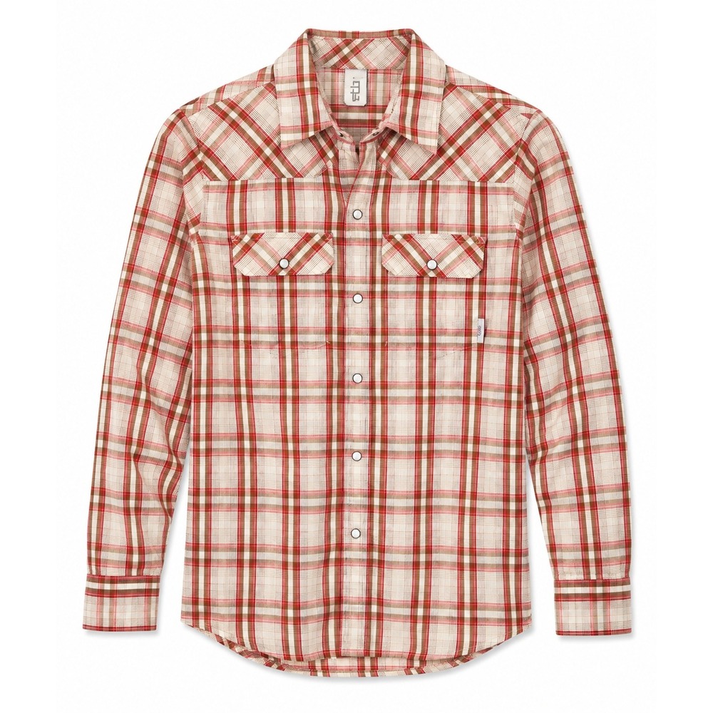 Stio Women's Plaid Western Pearl Snap Long Sleeve Shirt Red Orange Small